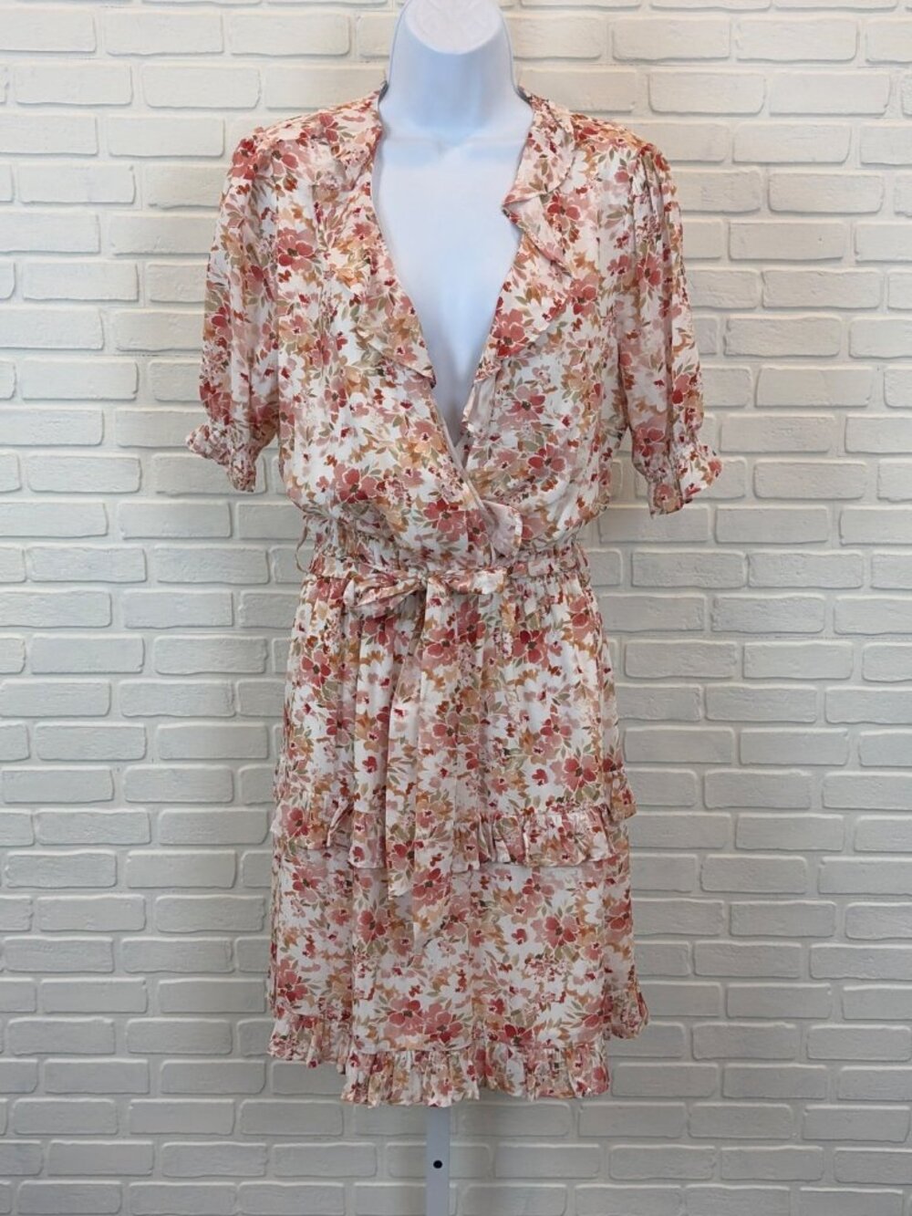 Velvet Heart Floral Wrap Dress Pink Ruffle Tie Waist XS